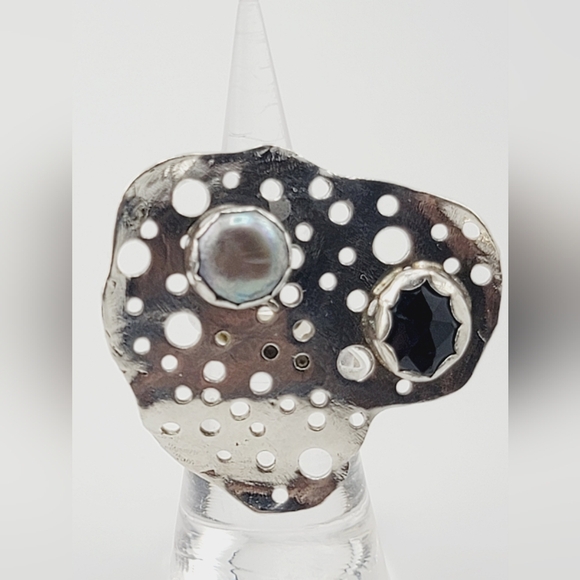 ONYX & PERAL ABSTRACT DESIGN RING HANDMADE IN STERLING SILVER METAL SIZE 8.5 - Picture 2 of 6